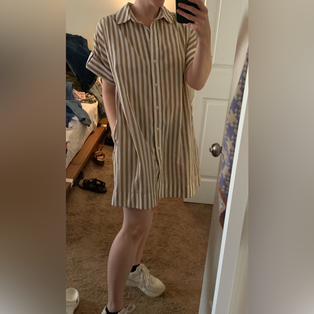 Madewell Button-Up Dress (S) in Cream and Light Brown Stripes